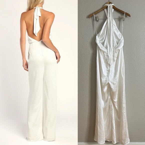 NWOT Adoring Angel Ivory Satin Wide-Leg Halter Jumpsuit - Picture 3 of 8